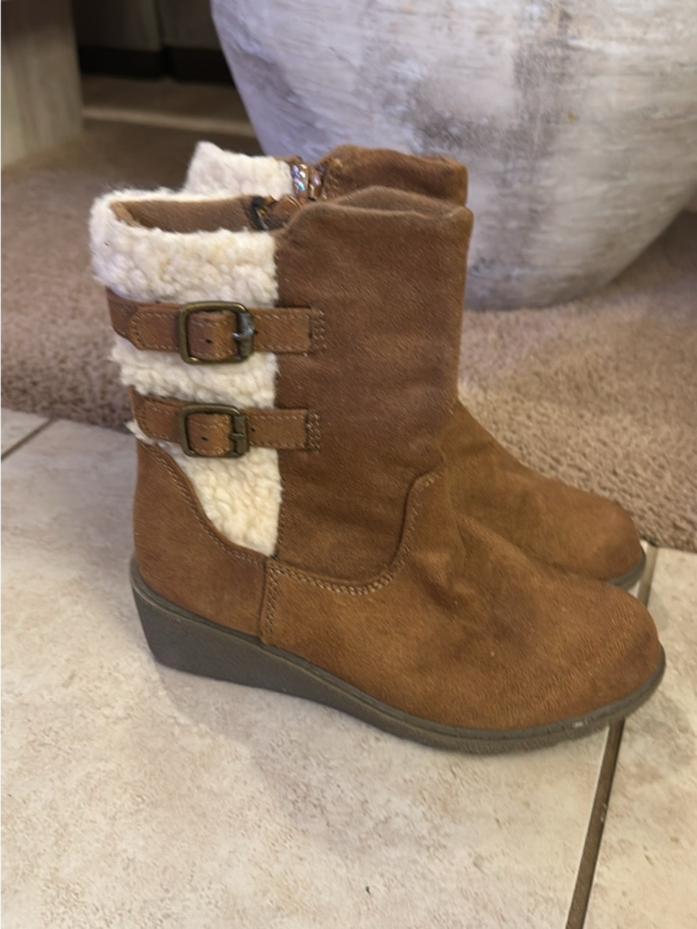 Kids Brown Faux-Suede Shearling Lined Boots